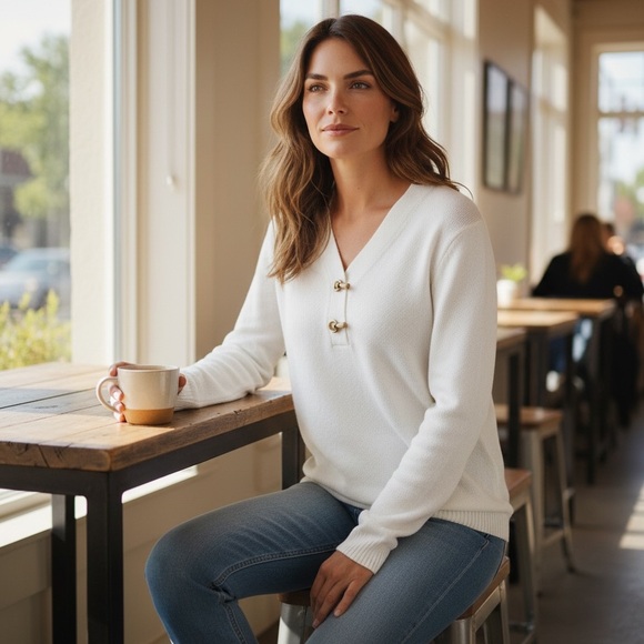 Karen Scott 100% Cotton Cozy White Toggle V-Neck Classic Sweater XL - Picture 1 of 16